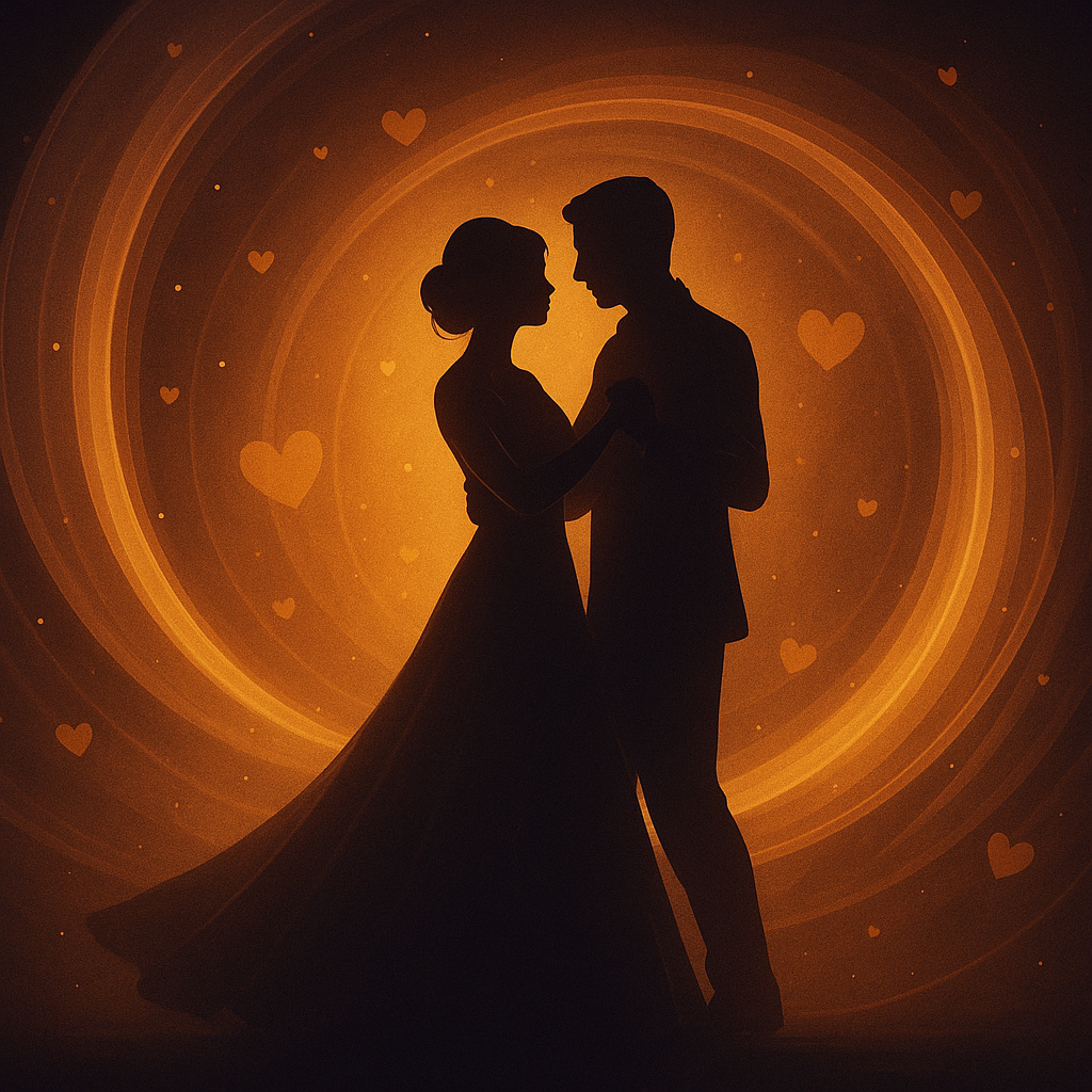 Ilustración estilizada de una pareja bailando su primer baile de boda con luces románticas